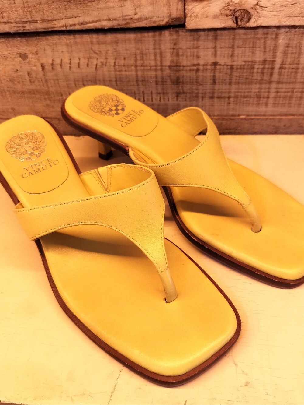 Vince Camuto Cannetta Leather Thong Square-Toe Kitten Heel Sandals